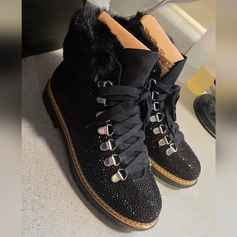 INC International Concepts Black Crystal Lace-Up Fur Collar Boots